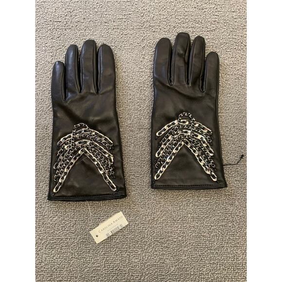 Carolina Amato Women 8 Black Genuine Leather Biker Gloves With Chain Detail - Picture 1 of 4